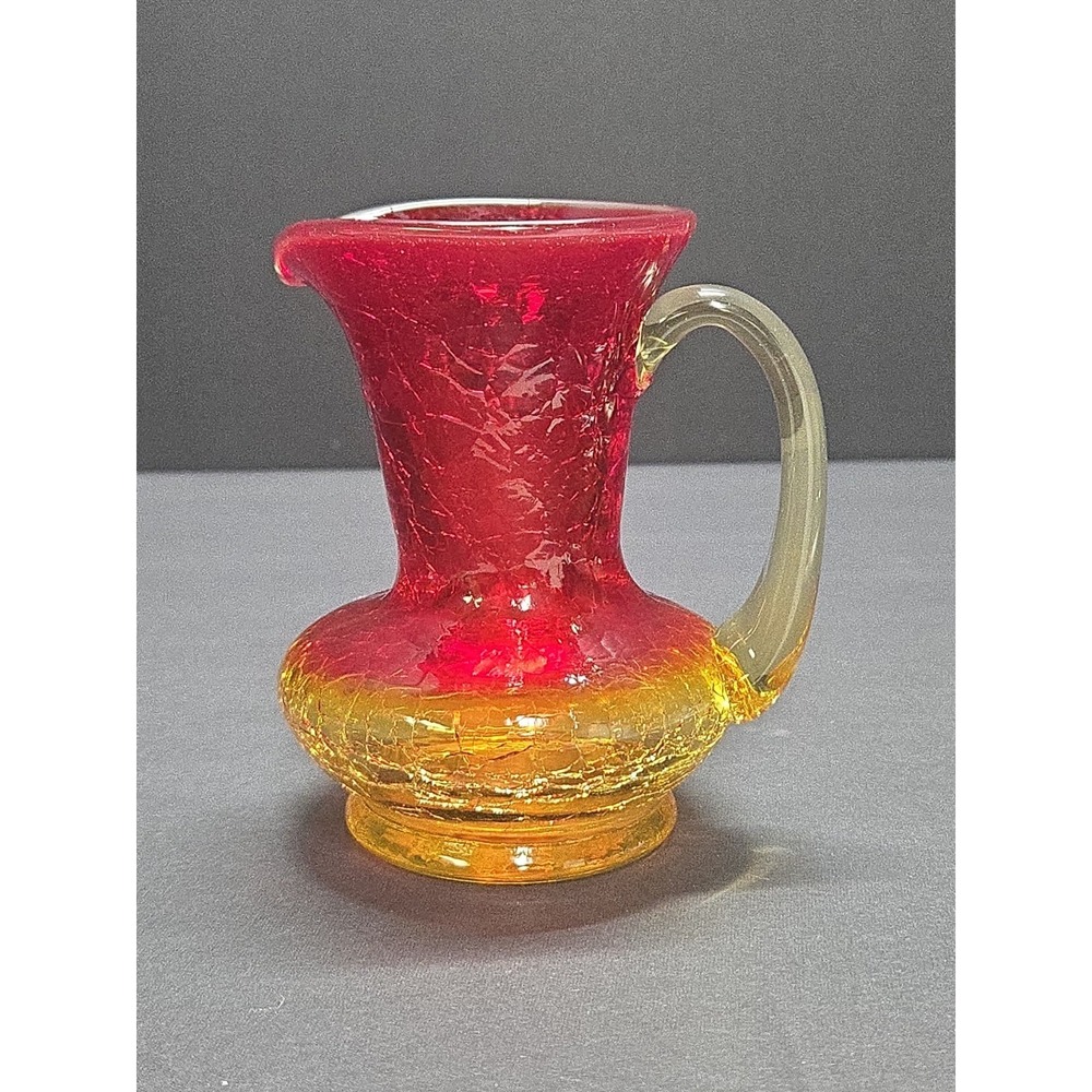 Vintage Kanawha Amberina Crackle Glass Mini Pitcher UV Reactive Orange Glow 60s